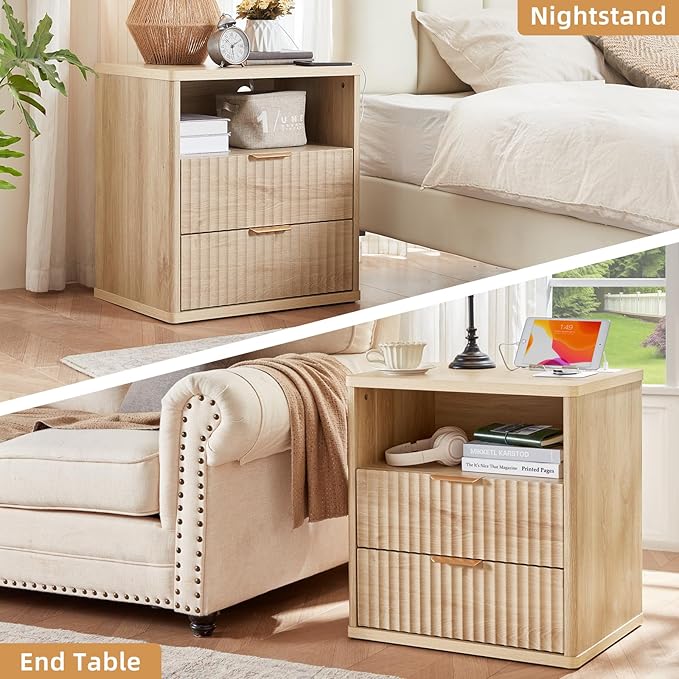 LEYAOYAO Fluted Nightstand with Charging Station, 23" Wide 2 Drawers End Table, Natural Night Stand with Open Storage Cabinet, Farmhouse Bed Side Tables, Wood Dresser for Bedroom, Living Room, Closet