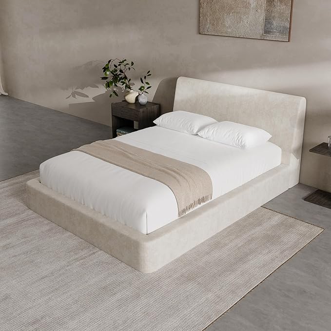 RECCI Cloud Full Size Bed Frame with Ergonomic Angled Foam Cushioned Headboard, Minimalist Design Platform Bed Frame, No Box Spring Needed, Easy Assembly (Beige)