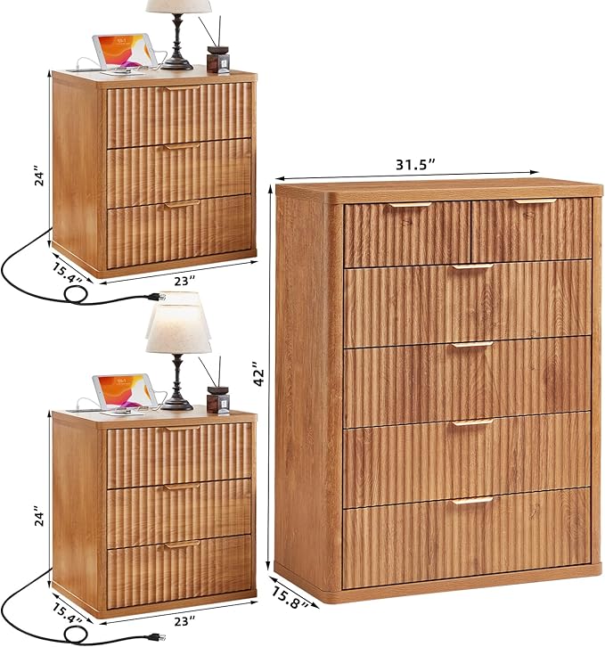 LEYAOYAO 42" Tall Fluted Dresser and 3 Drawers 23" Nightstand Set of 2, Wooden Dresser & Night Stand with Charging Station, 3 Piece Bedroom Furniture Set, Wood Chest of Drawer for Living Room,Brown