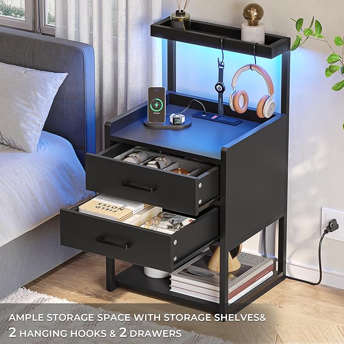 VIAGDO Nightstands Set of 2 with Charging Station, LED Night Stand with 2 Drawers, Black Modern Bedside Tables with Open Storage Shelves, End Side Tables for Bedroom, Office