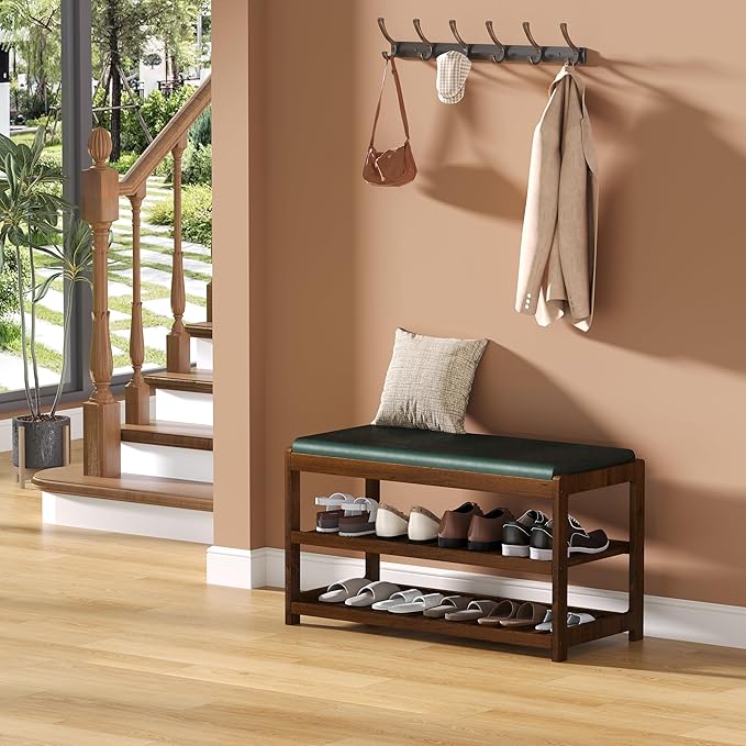 Shoe Bench Entryway, 100% Solid Solid Wood Shoe Rack Bench with Storage and Cushion Padded Seat, 3-Tier Shoe Organizer for Hallway Living Room, Mudrooms, Black