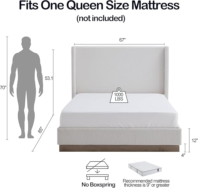 Queen Size Upholstered Bed Frame, 53" Tall Headboard Hosford Wingback Bed Frames, Wood Base Floor Platform Beds, No Box Spring Needed No Noise, Rusticity Minimalist, Cream White Boucle