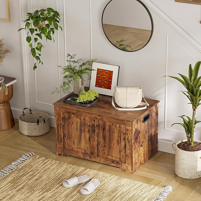 DINZI LVJ Storage Chest, 31.5”Wooden Toy Box with 2 Safety Hinges, Entryway Storage Bench with Flip-Top, Sturdy Storage Trunk for Living Room, Bedroom, Easy Assembly, Rustic Brown