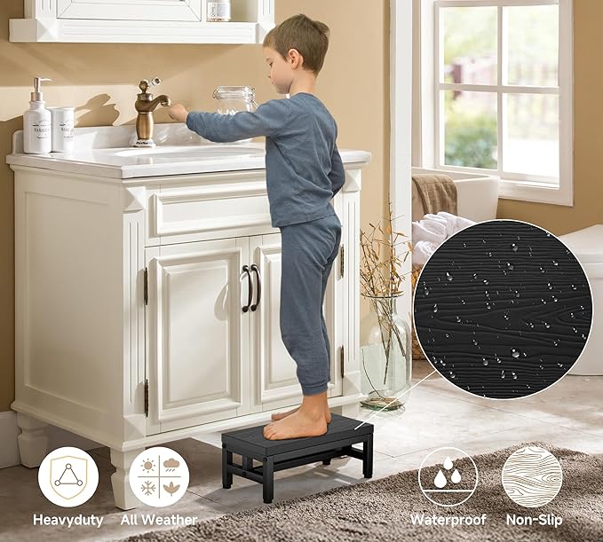 Y&M One Step Stool for Adults Kids, Adjustable Non-Slip Foot Stool with Sturdy Metal Frame, Bed Step for High Beds, Portable Step for Kitchen, Bathroom, Bedroom, Living Room – Black