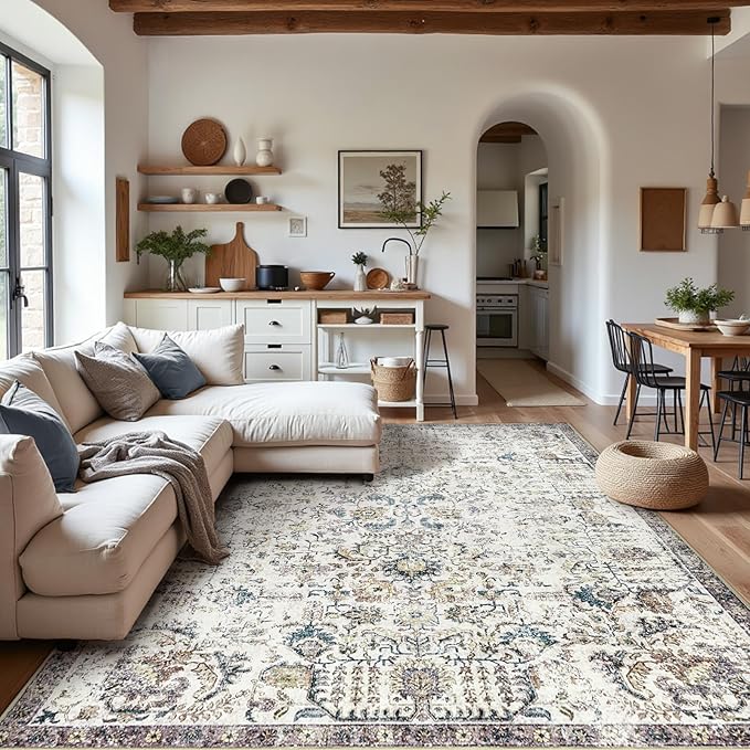 jinchan Kalen Area Rug 9x12 Washable Living Room Rug Vintage Indoor Large Floor Cover Retro Accent Mat Distressed Floral Country Boho Non Slip Thin Carpet for Bedroom Dining Room Office Blue Multi