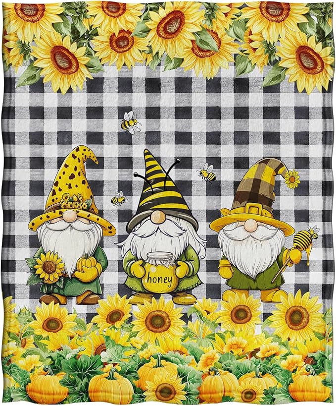Jekeno Christmas Gnomes Sunflower Blanket Floral Gifts for Women Men Kids Boys Girls Dad Mom Husband Wife Friends Birthday Halloween Home Bedroom Room Decor Flower Blanket 50"x60"