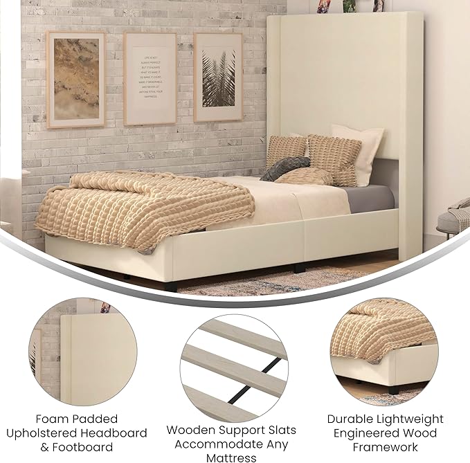 EMMA + OLIVER Nora Twin Size Faux Linen Upholstered Platform Bed with Plush Padded Wingback Headboard (No Box Spring Needed), Modern Upholstered Headboard Twin Bed Frame, Beige