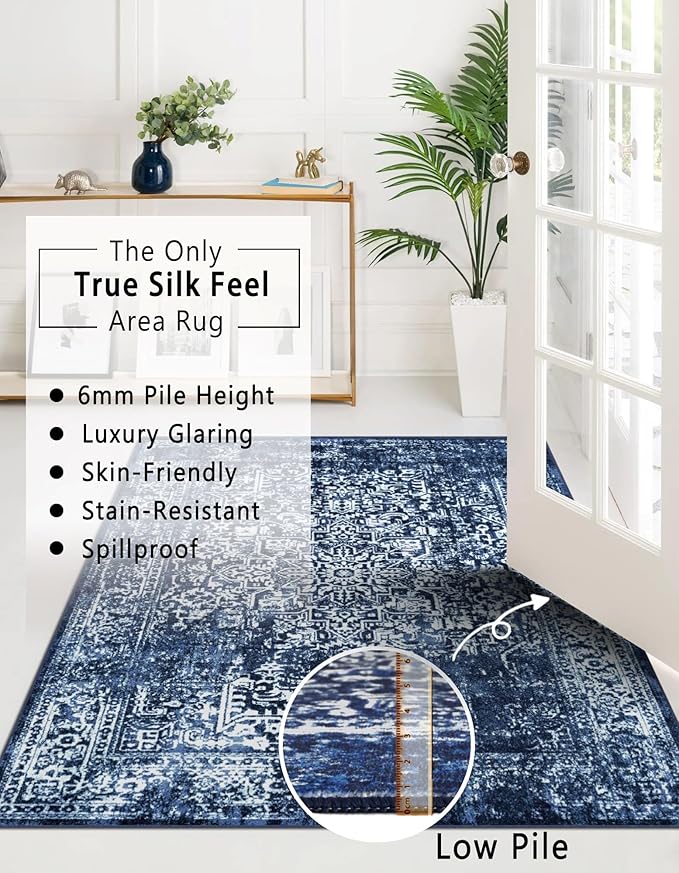 vivorug Runner Rug 2'x7' Vintage Washable Non-Slip Runners for Hallways Kitchen Entryway Laundry Room Carpet Hallway Runner Navy Blue
