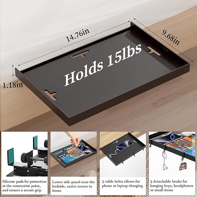 Foldable Bedside Shelf, Metal Clip-On Bed Tray Table for Bunk Bed & Dorm Beds, Dorm Room Essentials Organizer for College Students, Floating Tray, Space Saving Nightstand for Loft Beds (Black, Large)