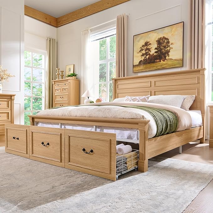 Farmhouse King Size Bed Frame with 51" Tall Headboard, Wood Platform Bed Frame with 20" Tall Roman Column Decoration Footboard & 3 Large Storage Drawers, No Box Spring Needed (Natrual)