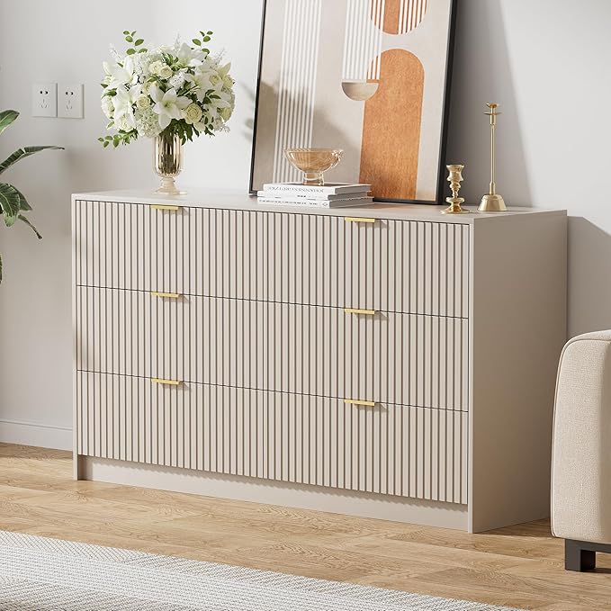 Beige Dresser for Bedroom, Modern Dresser with 6 Drawers and Smooth Slides, Wide Chest of Drawers with Golden Handles for Bedroom, Living Room, Closet, 15.7" D x 55.1" W x 31.4" H