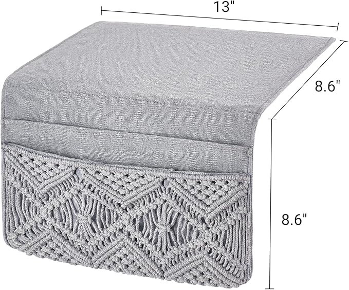 Mkono Macrame Bedside Caddy Storage Organizer Boho Remote Control Tablet Magazine Holder with 4 Pockets Non-slip Countertop Bedside Caddy for Home Bedroom Living Room College Dorm Bed, Grey
