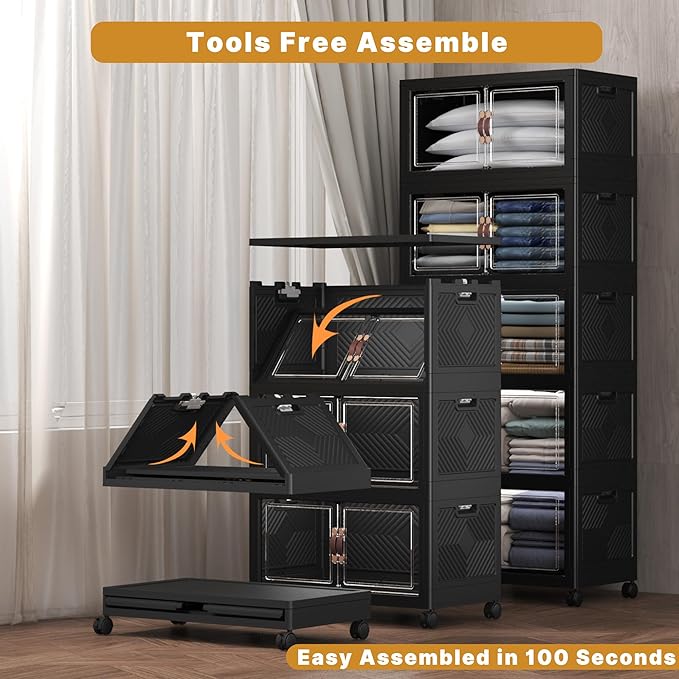 Extra Large Stackable Storage Bins with Lids & Wheels, Foldable Plastic Storage Bins (Dark, 275QT-55QT/14GAL*5Pack)