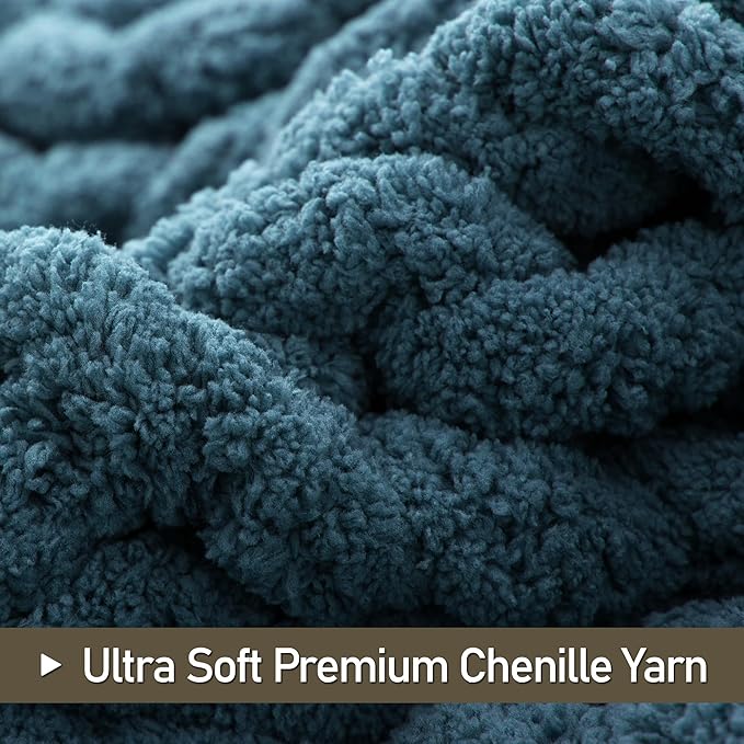 Chunky Knit Throw Blanket 60"X 80", 100% Handmade with Soft Chenille Yarn, 6.7lbs Thick Cable Knitted Blankets, Large Rope Knot Crochet Throws for Couch Sofa Bed Home Decor, Mineral Blue