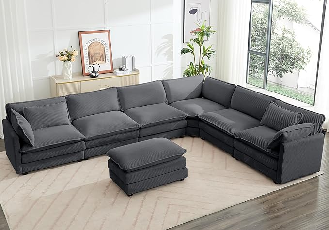 ROWHY 150'' Modular Sectional Corner Cloud Couch, 7 Seater Sofa Big Comfy Corduroy V Shaped Couch with 4 Throw Pillows, Movable Ottoman, Couches for Living Room Office Dark Grey