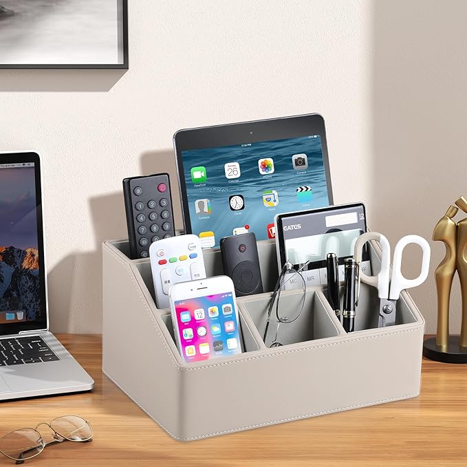 MEIBOOCH PU Leather Desk Organizer, Luxury Remote Control Holder for Home, Office Desk Accessories Table Caddy Bedside Nightstand Organizer (Dark Beige)