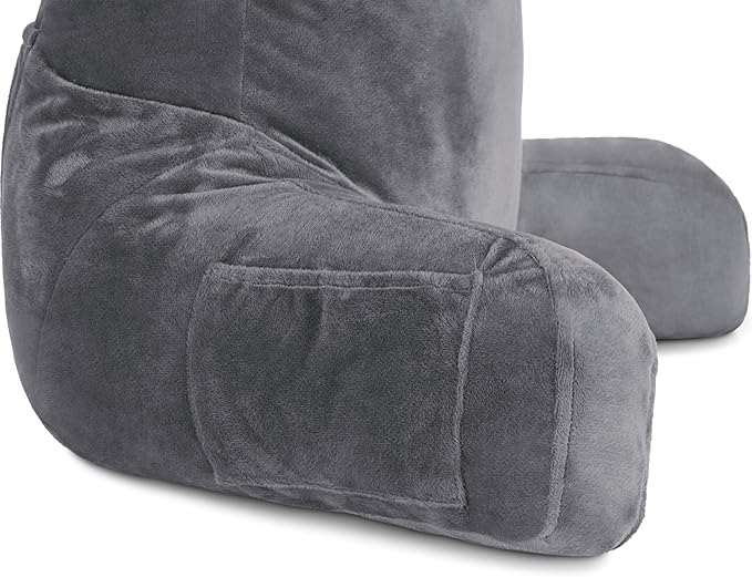 Husband Pillow Dark Grey, Standard+ Original Reading Pillow in Bed Rest Chair, Shredded Memory Foam Large Lounge Cushion Adult Backrest w/Arms, Comfy Back Support for Sit Sitting Up, Removable Cover