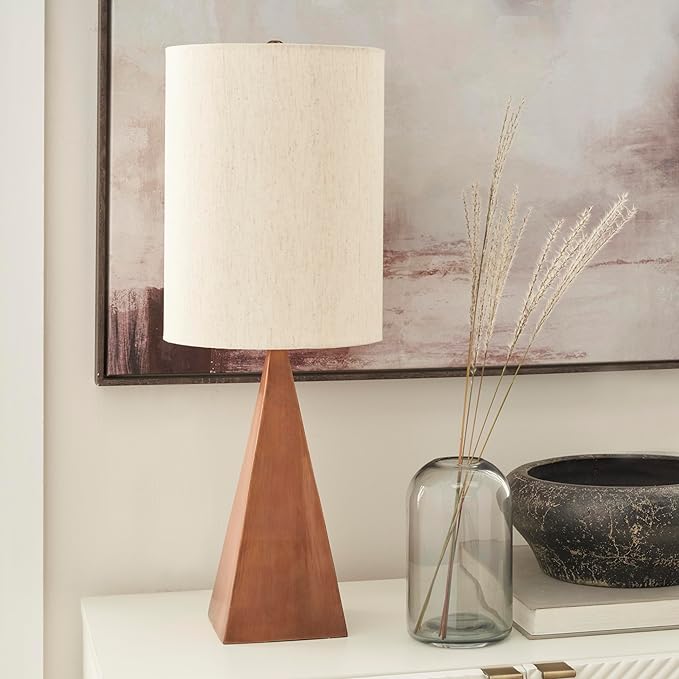 Nourison Home 21" Copper Finish Wood Triangle Table Lamp for Bedroom, Living Room, Dining, Office, Entryway