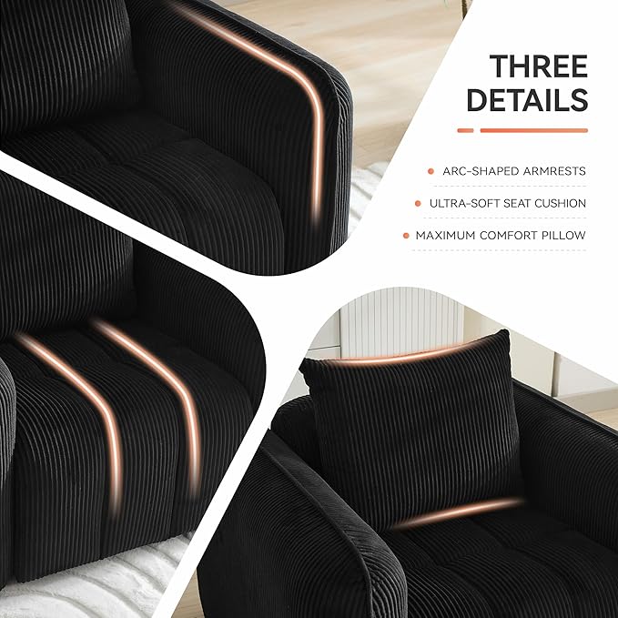 Corduroy Boneless Living Room Sets, Modern Upholstered 3 Seater Sofa with 2 Signle Accent Chairs, Comfy Deep Seat Cloud Sofa Couch Sets for Living Room, Black