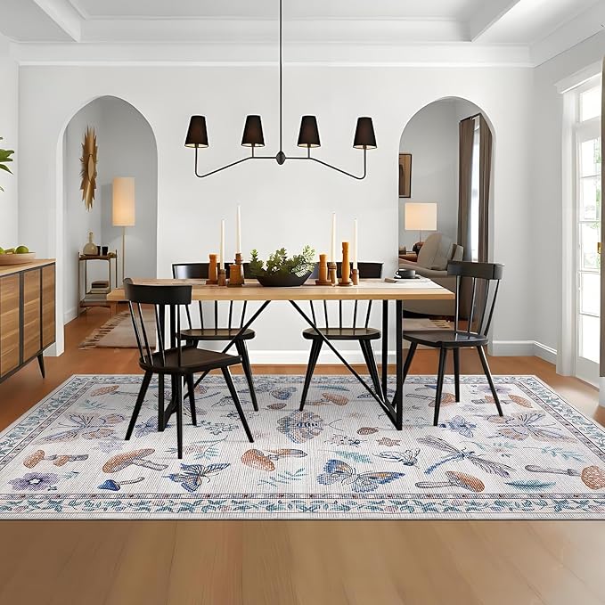 Washable Rug 5x7 Area Rugs for Living Room, Mushroom Insect Rug for Bedroom, 5x7 Rug Non Slip Throw Rugs with Rubber Back, Low Pile Stain Resistant Modern Carpet for Dining Room Dorm,Beige
