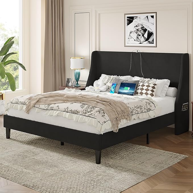 VECELO Full Bed Frame with Upholstered Wingback Headboard, Heavy-Duty Platform Bedframe with Charging Station, Wooden Slats, No Box Spring Needed, Grey
