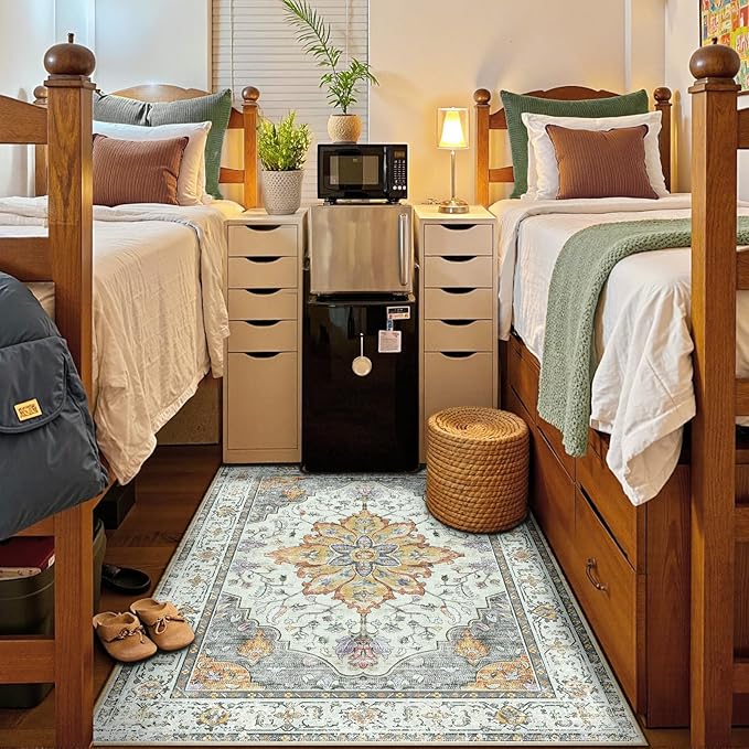 Area Rugs 4'x6' Washable Non-Slip, Floral Vintage Distress Print Pattern Medallion Carpet for Living Room Bedroom Dining Room, Light Yellow Carbon Grey Orange