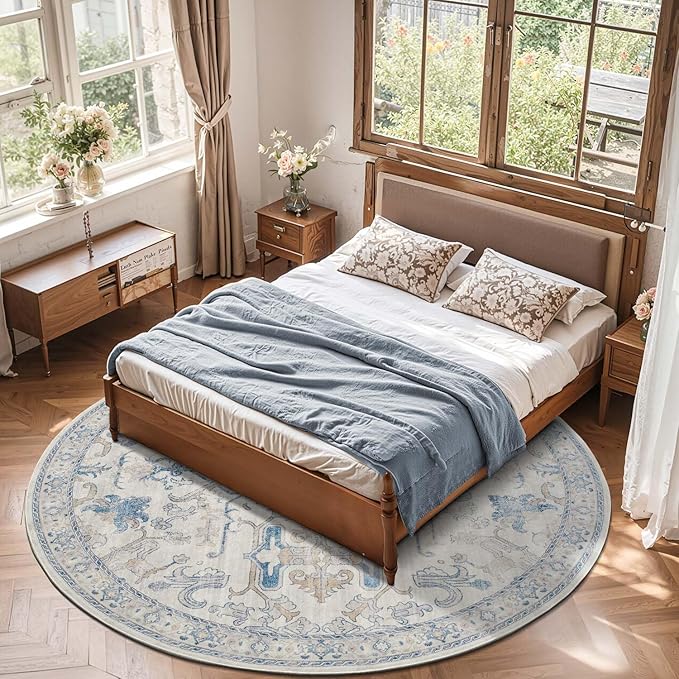 jinchan Round Rug 8ft Area Rug Vintage Floor Mat Kitchen Indoor Ultra-Thin Soft Floral Print Washable Circle 8' Accent for Farmhouse Non Slip Dining Room Living Room Bedroom Office Blue