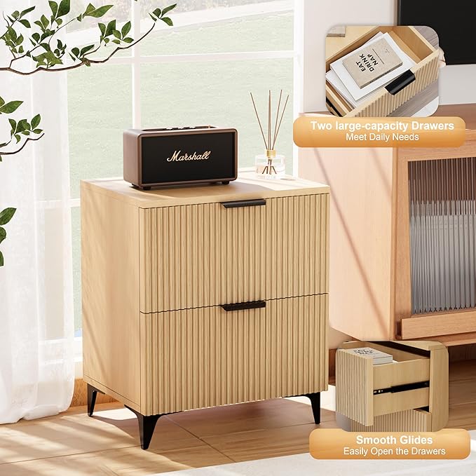 Royal Windsor Small Fluted Nightstand Set of 2 with 2 Drawers, Side End Table, Small Accent Storage Cabinet,Modern Night Stand Bedside Table for Bedroom Full Size Bed,Natural Oak