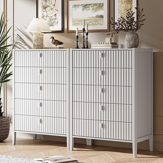 White 5 Drawer Dresser, Modern Tall Dresser for Bedroom, Fluted Wood Chest of Drawers with Deep Drawers for Clothes, Storage Cabinet for Bedroom, Living Rooms, Offices, Entryways