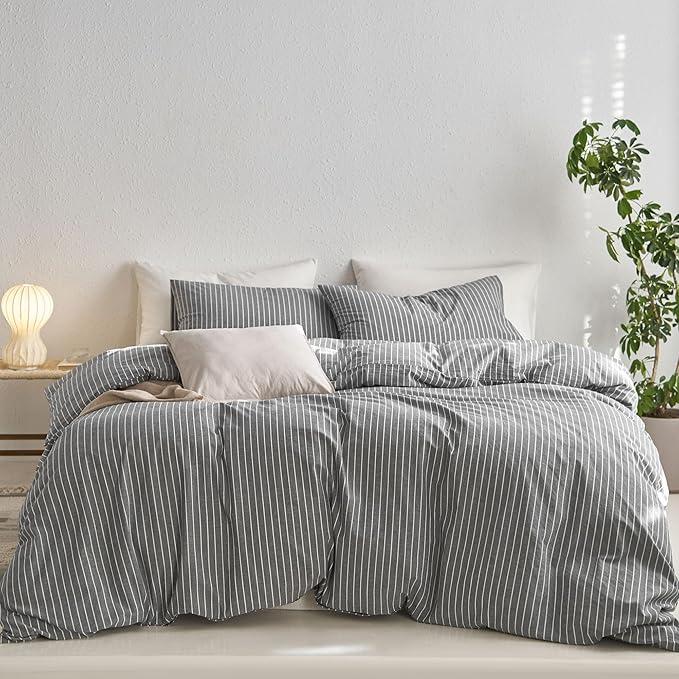 MooMee Striped Duvet Cover Set 100% Washed Cotton Linen Like Textured Breathable Durable Soft Comfy (Dark Grey White Wide Stripes, Alaska King 132"x120")