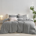 MooMee Striped Duvet Cover Set 100% Washed Cotton Linen Like Textured Breathable Durable Soft Comfy (Dark Grey White Wide Stripes, Alaska King 132"x120")