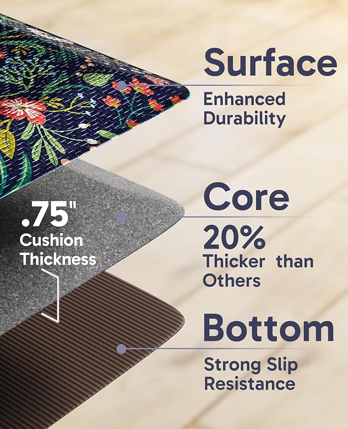 Ophanie Kitchen Mats for Floor, 3/4 inch Thick, 20x48 Anti Fatigue Cushioned Mat, Kitchen Rugs, Waterproof, Comfort Ergonomic Standing Mat for Office, Home, Sink, Blue Flower Non-Slip Ridged Bottom