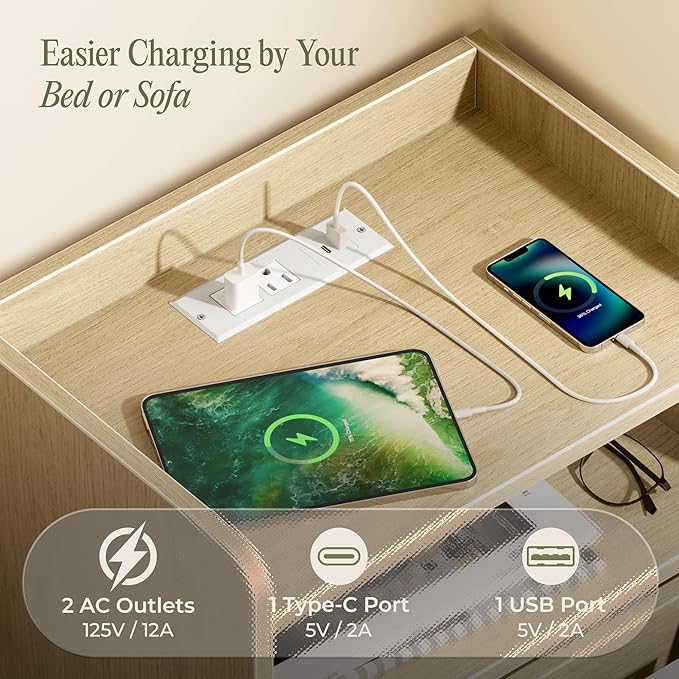 Huuger Nightstand with Charging Station, USB-C Port, Fluted Night Stand with Drawer, Bed Side Table with Solid Wood Feet, Open Storage, End Table with Raised Edge, for Bedroom, Natural