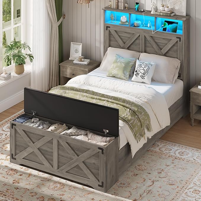 Hasuit Farmhouse Bed Frame Twin Size with Storage Headboard, Charging Station and LED Light, Wooden Twin Bed Frame with Storage Ottoman, Barn Door Design, No Box Spring Needed, No Noise (Oak Grey)
