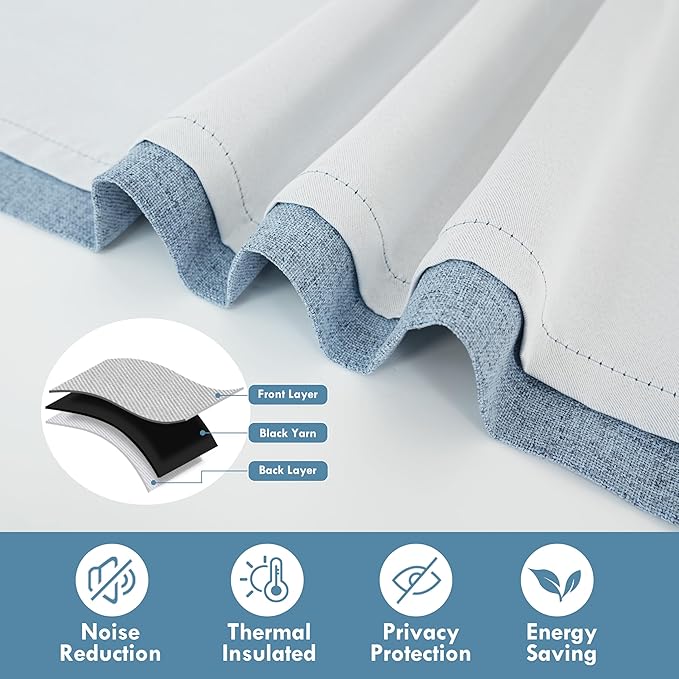 DriftAway Double Layer Linen Blackout Tie Up Curtains Thermal Insulated Fully Lined Balloon Roman Shade Bathroom Window Adjustable Rod Pocket for Small Window 39 Inch by 55 Inch Dusty Blue