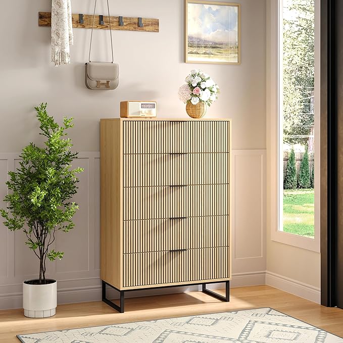 5 Drawers Dresser, 49.2’’ Tall Modern Chest of Drawers for Bedroom, Large Closet Dressers with Drawers, Wooden Drawer Dresser for Bedroom, Living Room, Hallway