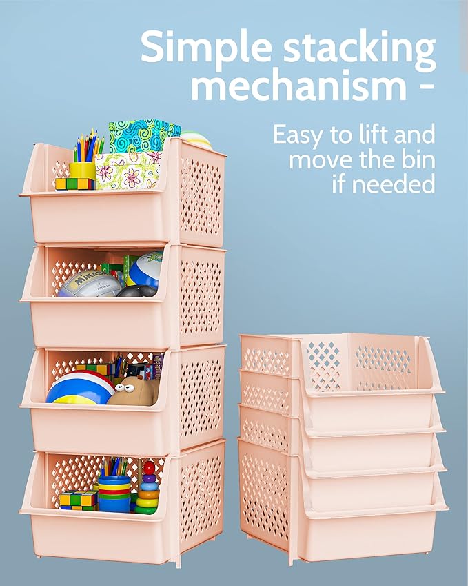 TidyFriend Stackable Storage Bins for Pantry, 4 Pack Stackable Bins For Organizing Food, Kitchen, and Bathroom Essentials (Cream)
