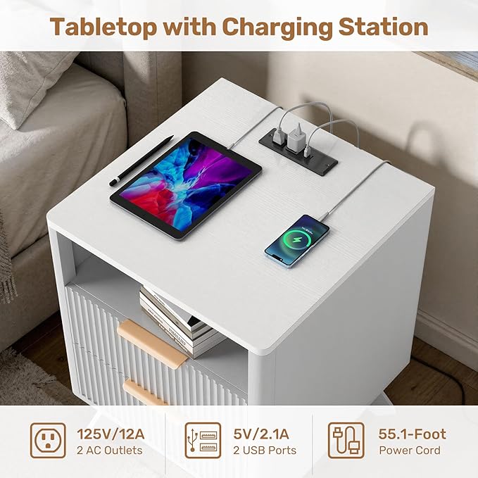 Modern Nightstand,Side Table with Charging Station,Bedside Tables with Drawer,Mid-Century End Tables Set (1-Piece),White
