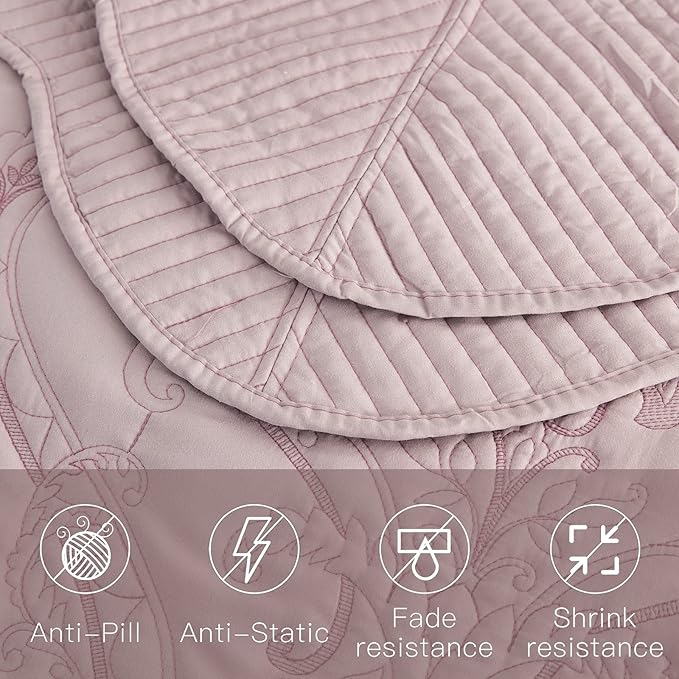 CHIXIN Bedspread Coverlet Quilt Set Full Size - Lightweight Bedding Cover - Beautiful Stitching - 5 Piece Reversible Bedspread - Gorgeous Damask Paisley Pattern (Full, Pale Rose)