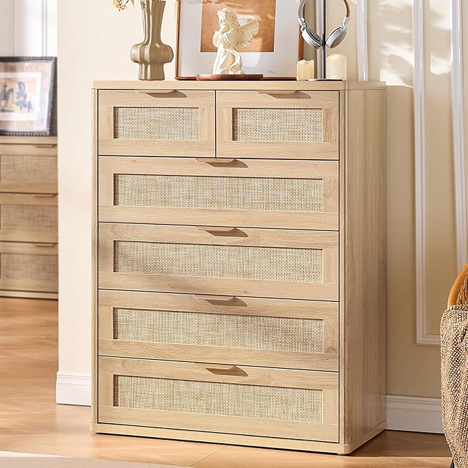 LEYAOYAO Rattan Dresser for Bedroom Set of 2, 41" Tall Chest of Drawers, Modern 6 Drawers Boho Dressers with Storage, Light Oak Dresser Wooden Closet Organizer for Living Room, Hallway, Natural Wood