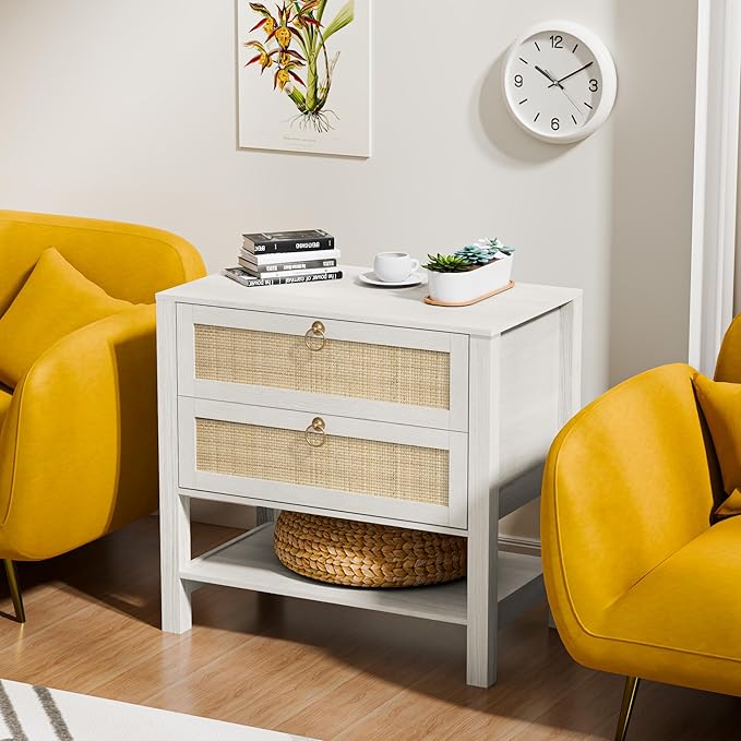 White Nightstand with 2 Drawers and Storage Shelf, 26” Tall Boho Night Stand, Wood Large Bedside Table with Golden Handle for Bedroom, Side Table, White Cream Oak