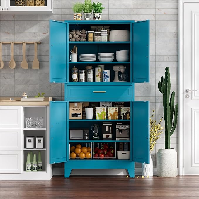 71" Tall Farmhouse Pantry Cabinet,Metal Cabinet with Adjustable Shelves and Doors,Storage Cabinet for Kitchen Garage,Blue