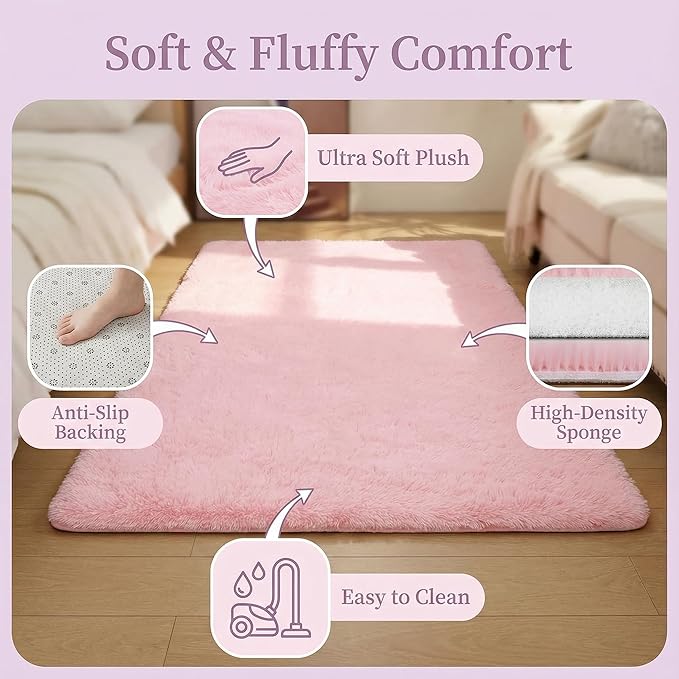 duduta 6x9 ft Pink Rectangle Fluffy Rug, Shag Fuzzy Plush Rectangle Carpet for Bedroom Nursery Living Room Home Decor