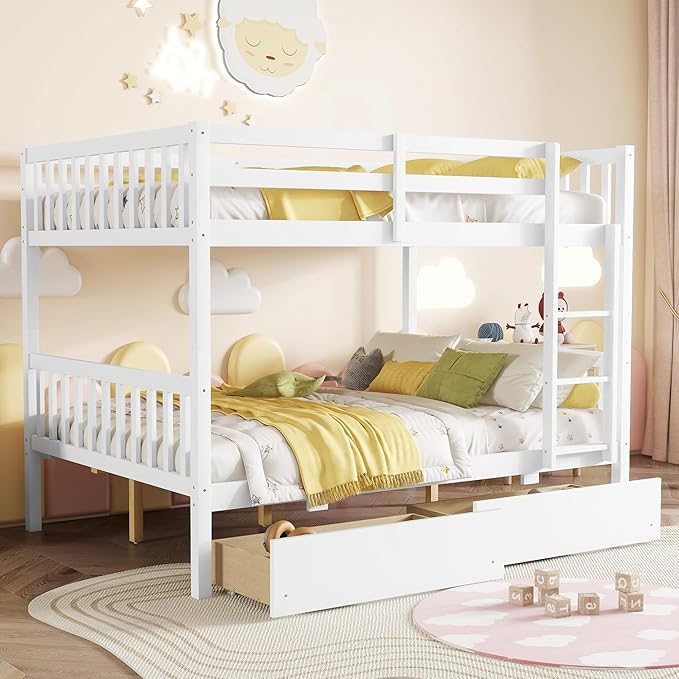 Full Over Full Bunk Bed with Storage Drawers,Convertible Bunk Beds with Ladder & Safety Guardrails,Full Size Bunk Beds for Kids Girls Boys,White