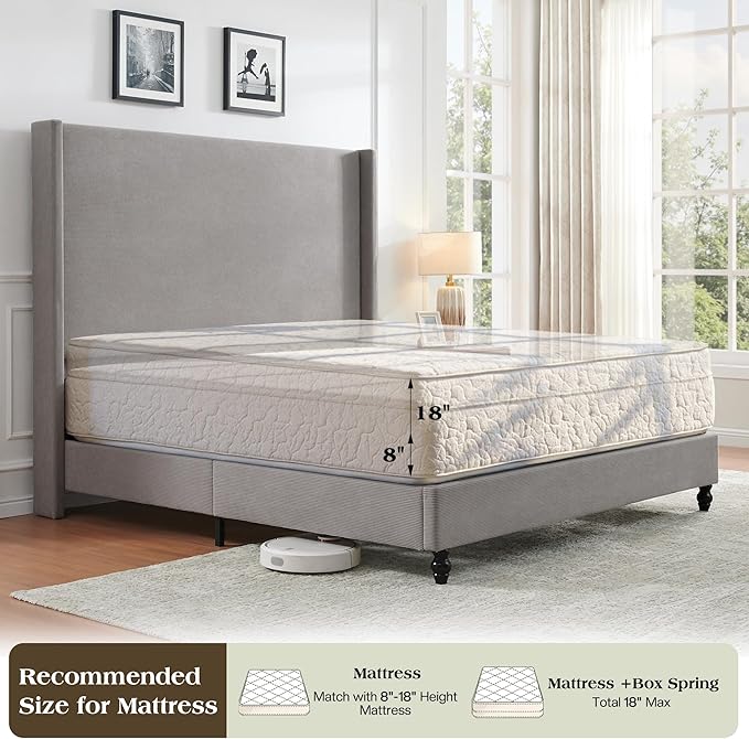 Queen Bed Frame with 63" Tall Headboard, Horizontal Fine Corduroy Bed Frame with Wingback, Upholstered Platform Bed, Vintage Solid Wood Gourd Legs, No Box Spring Needed, Gray