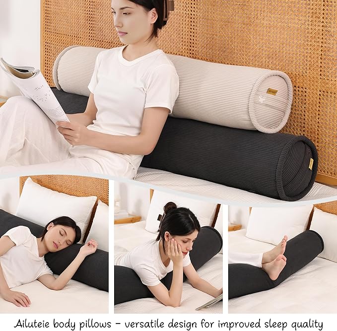Body Pillow for Adults – Corduroy Long Round Bolster Pillow for Bed, Cuddle Pillow with Full Support for Side Sleepers & Restful Sleep,47 x 7.87 Inches,Lamp Black