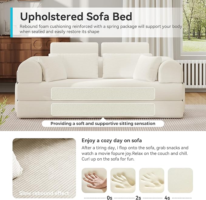 Upgrade High Backrest Design Sofa Bed with Fixed-Shape Frame & Removable Armrests and Backrest, 2 Corduroy Pillow, Convertible Mattress Couch for Small Spaces - No Assembly (High Backrest Beige)