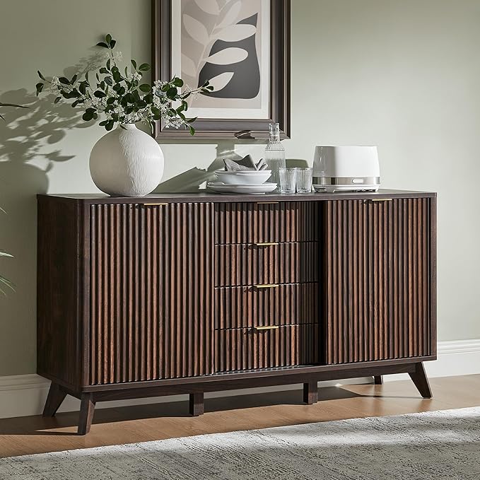 T4TREAM Fluted Buffet Cabinet, 60" Modern Sideboard with Sliding Doors & 4 Drawers, Coffee Bar Table with Storage, Curved Profile Design for Dining Room, Living Room, Dark Walnut