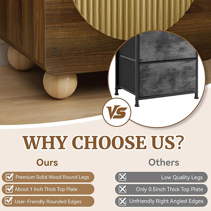 23" Fluted Nightstand with Solid Wood Legs Set of 2, Modern Style Walnut Bedside Table with Round Moon Handle & Storage, Mid Century Cute Night Stand for Bedroom, Side Table, End Table