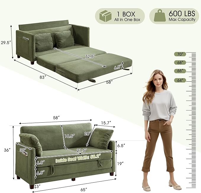 65" Loveseat Sleeper Sofa Bed, Corduroy Convertible Sofa Bed for Small Spaces, Folding Couch Bed with Deep Seat, 2 Pillows & Solid Frame, Pull Out Floor Couches for Living Room, Green